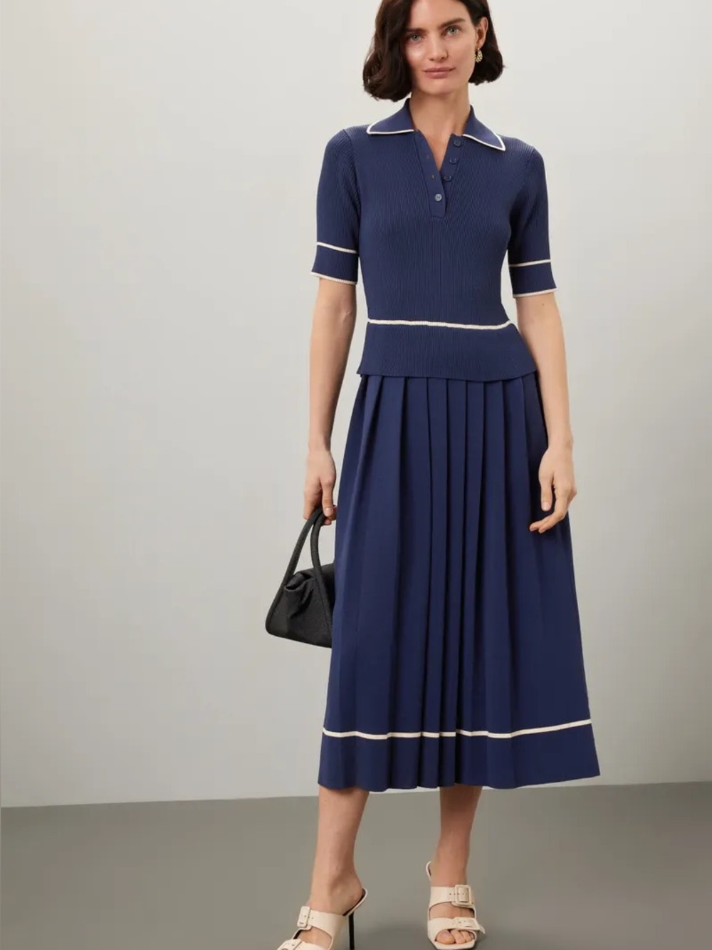 Shoshanna Riley Knit Midi-Dress Sz XL Short Sleeve Pleated Old Money Luxury Blue